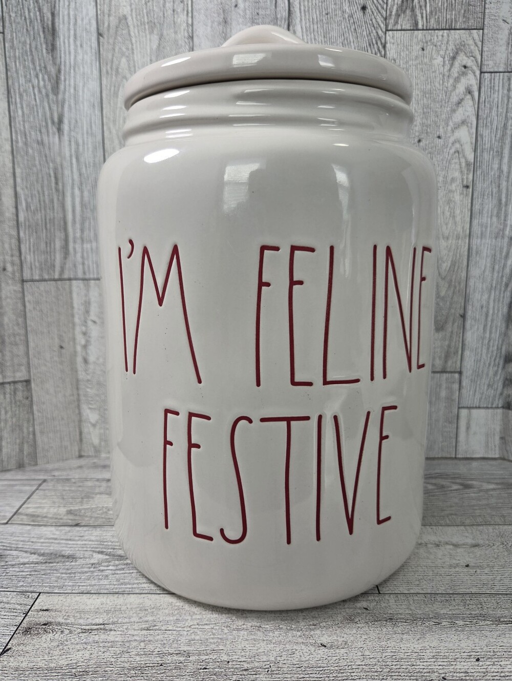 Rae DUNN White Ceramic 'I'm Feline Festive' Canister with Red Lettering